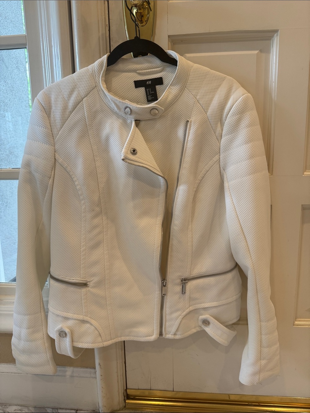 H&M White Textured Moto-Style Jacket